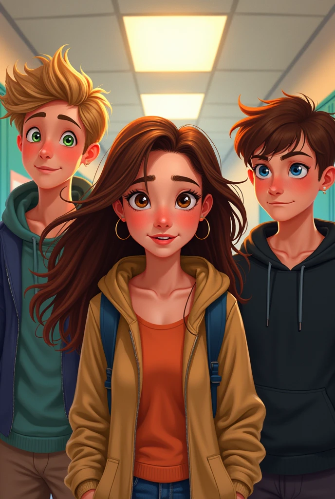 Create an image of a teenage girl with brown hair and amber eyes in the middle of the image. with a teenage boy on the right with brown hair and blue eyes wearing a black sweatshirt, and another teenage boy with blond hair and green eyes at school, Disney style