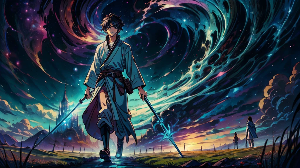 -High quality- -masterpiece- -Anime style- a man with black hair, light blue eyes, handsome, slim, dressed in a brown wizard's robe, holding a long staff, walking across a meadow with a nice sunrise, serious expression