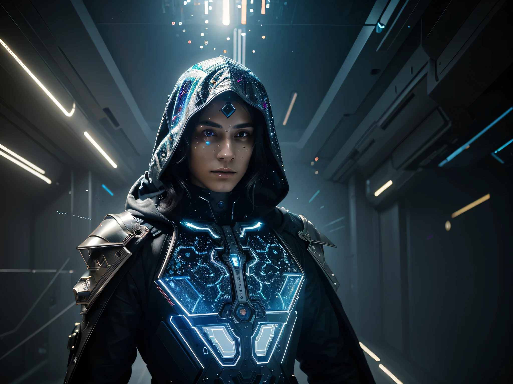 In the dazzling world of virtual reality, a celestial digital detective roams amidst pixelated landscapes and glowing code, his armor shimmering with ethereal light. This character, a fusion of futuristic technology and traditional sleuthing skills, is depicted in a stunning digital painting that captures every intricate detail. The intricate design of his cybernetic enhancements, the intricate patterns of his holographic cloak, and the intense focus in his cybernetic eyes all portray a sense of otherworldly brilliance. The image's vibrant colors and dynamic composition truly bring to life the essence of this enigmatic digital hero.