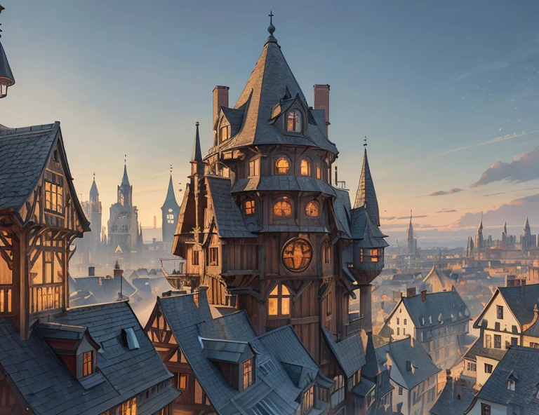 european medieval robust and complicated communal wooden house with a turret, low fantasy, crowded architecture, fiixed detailes, fixed windows, fixed roofs, fixed architecture, wooden architecture, wooden tower, medieval fantasy, in the city full of jettying houses, warm, matching perspective, matching architecture