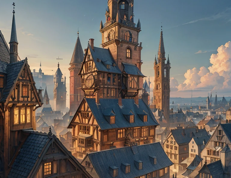 european medieval robust and complicated communal wooden house with a turret, low fantasy, crowded architecture, fiixed detailes, fixed windows, fixed roofs, fixed architecture, wooden architecture, wooden tower, medieval fantasy, in the city full of jettying houses, warm, matching perspective, matching architecture