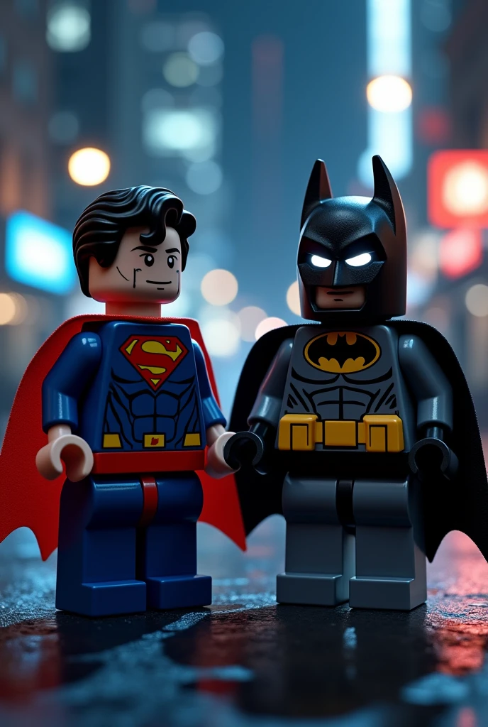 Superman and Batman in lego art, night