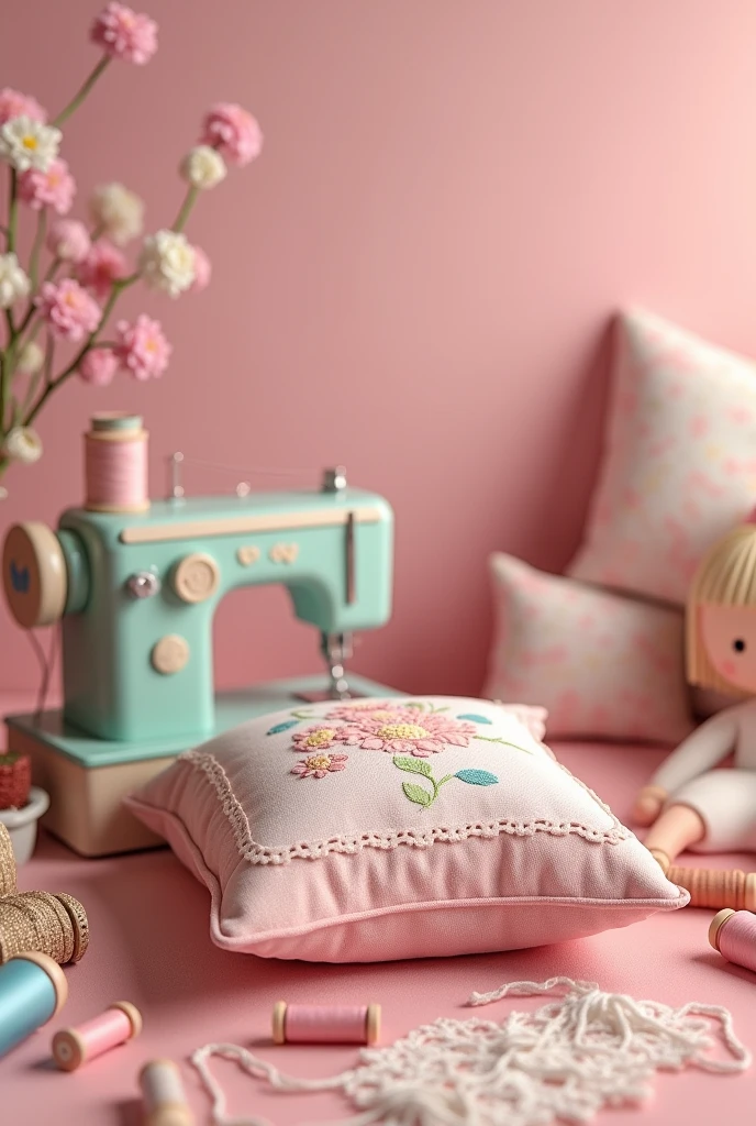 I need a flayer that has a sewing machine, threads, dolls and pillows but , pink and tender backgrounds without a person, the most decorated pillow