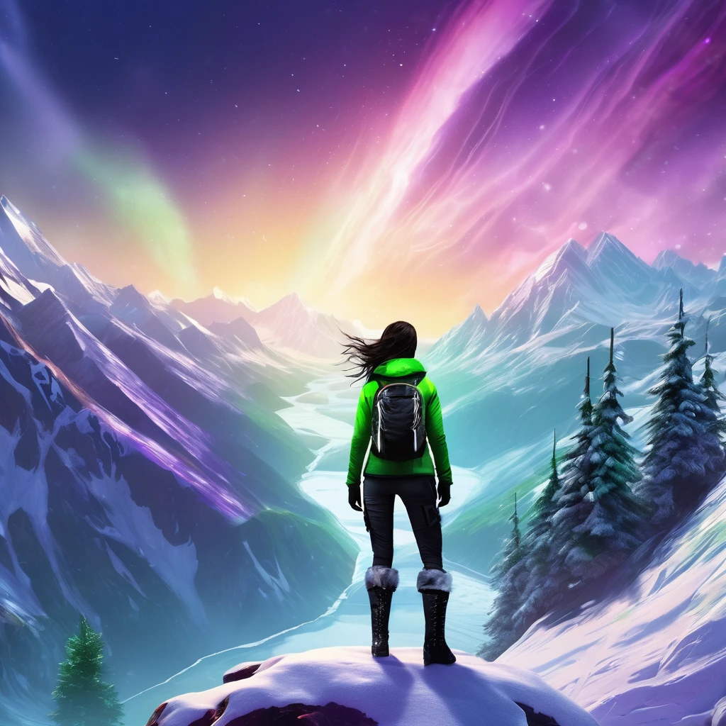 Generate Lara Croft climbing a gigantic,treacherous,steep cliff with snow from the side angle,full of life and danger at night in a Nordic mythology style landscape in an highly detailed digital art style.add a real sense of vertigo for the depth.add green Aurora borealis with a tint of purple, add white crop top,midriff hoodie, really short and black and shiny booty shorts and black military boots. add textures and a lot details. add forest, a huge mountains and lake in the background. make it very colorful in a way that inspire winter season and the Nordic mythology.