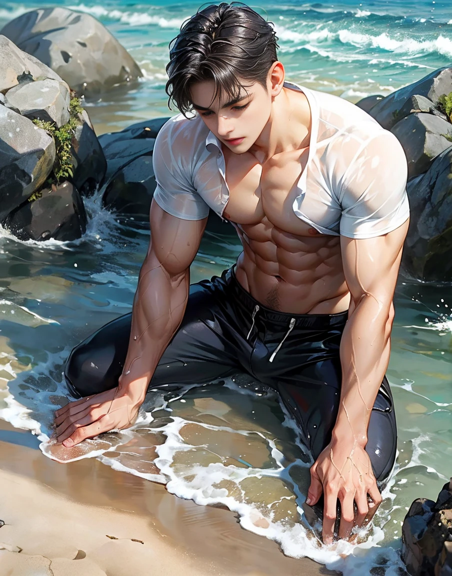 A handsome 20 years old man, muscular and slim, model , washed ashore, found lying on the seashore unconcious, eyes are closed and in pain, sexy and toned body, wet ripped shirt, exposed perfect shaped penis, full body, 