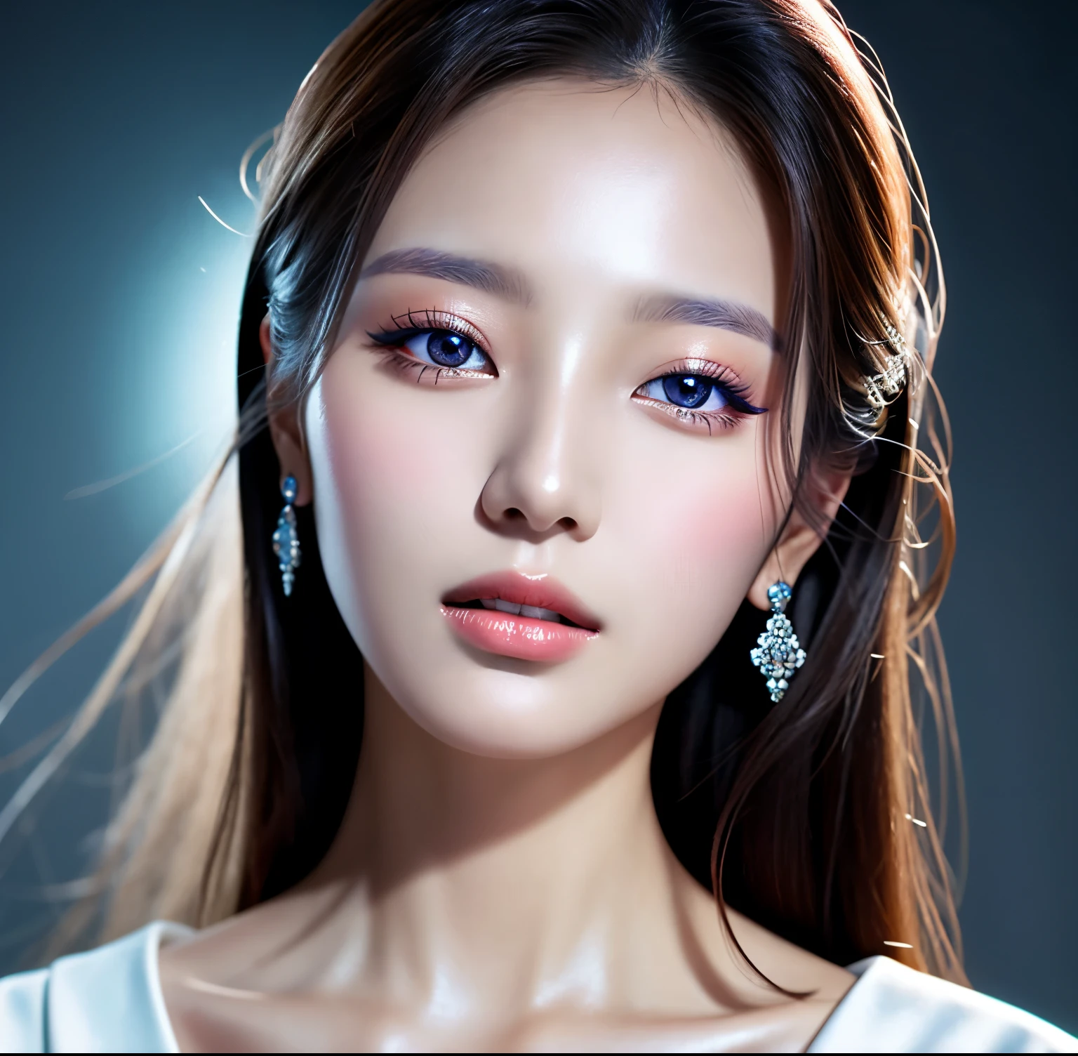Close up portrait of woman in blue suit and white shirt, Elegant digital art, High-quality portraits, Shiny digital painting, Digital Art Images, Beautiful digital art, Elegant digital painting, Portraits of Korean female idols, Beautiful digital painting, Realistic cute girl drawing, high quality digital painting, TWICE's Tzuyu, Professional Profile Photo, Korean Girls