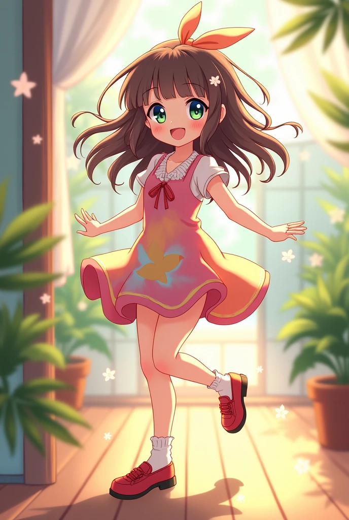 A girl wearing yellow sleeveless frock suddenly stood up in a room