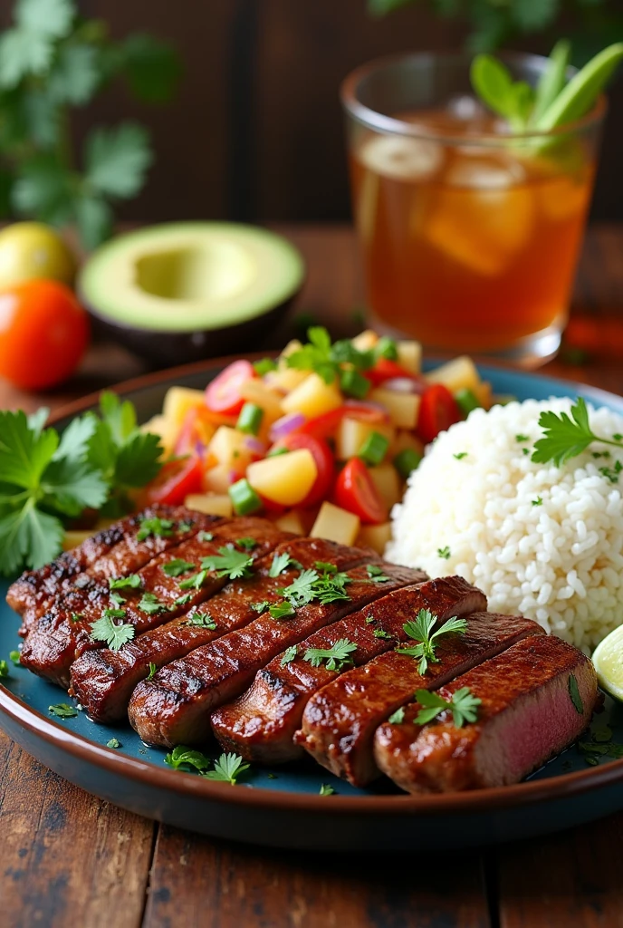Roasted flank steak , papa salad ,rice and guacamole and drink 

