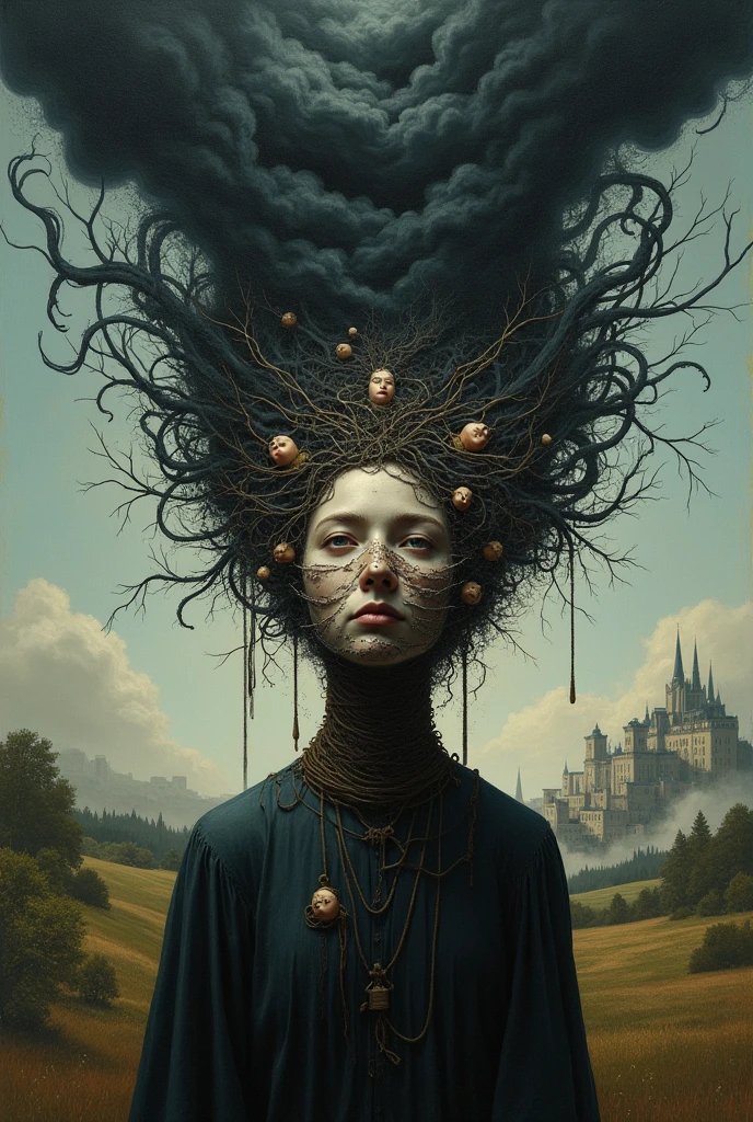 "Create a symbolic artwork inspired by Montaigne's reflections on lying and memory. The central figure is a person with a fractured face, symbolizing the mental strain required to maintain lies. Pieces of their face are disjointed, representing the difficulty in keeping lies consistent. Surrounding this figure, visualize a web of tangled threads, each one connecting to scenes of broken relationships, trust eroding like crumbling walls. Above the scene, a dark, ominous cloud looms, spreading like a plague over a city, symbolizing the pervasive and destructive nature of lies in society. The cloud's tendrils reach down, touching and corrupting the peaceful landscape below. Use dark, moody colors to evoke a sense of tension and decay, emphasizing the chaotic impact of dishonesty."