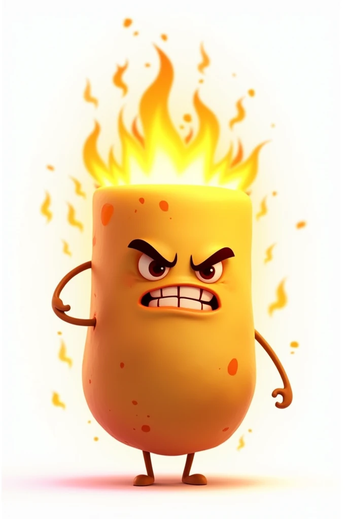 A slightly angry, animated, thin rectangular potato, with a lot of fire and a white background.