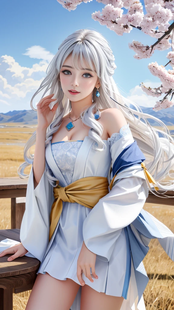 ((Logo, masterpiece, 8K, On the table, RAW photos, wonderful, 最high quality, Photorealistic and hVery detailed CG integrated 8K wallpaper, high quality, Very detailed, Narrative Poems, Particle Effects, dynamic effect, Writing border depth, Movie Lighting, lens flare, Ray Tracing, Anatomically accurate)), fantasy, 1. Beautiful woman, ((White hair)), Clear eyes, Long hair, Pretty Face, serious, 緻密でbeautiful eyes, Beautiful Skin, Jewelry, beautiful eyes, White Kimono, White band, Silver earrings, Shining, Blue sky and white clouds background, 広大なwind景, wind, grassland, The vast land of myth, Spectacular views, 美しい自然のwindのwind景, Hair color is white, Cherry blossoms