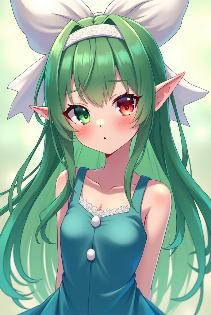 teenager, anime style, White skin, pale, super long green hair, fringe, Elf's ears, happy, white headband, scar right eye, left eye red, green right eye, Blue dress, big white bow behind the head, Whole body, hands behind the back, smiling