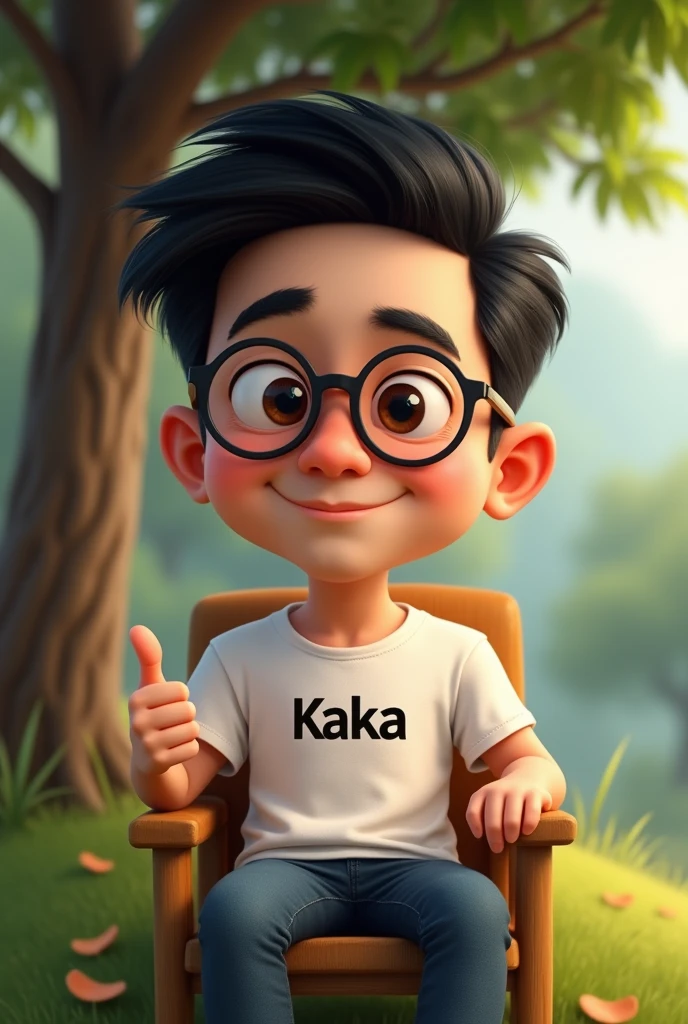 4d caricature.
a 31 year old man. fair skin. narrow eyes. oval face. short black hair parted on the right side. wearing glasses. sitting on a chair under the tree. thumbs up. T-shirt with Kaka written on it on the chest. realistic
