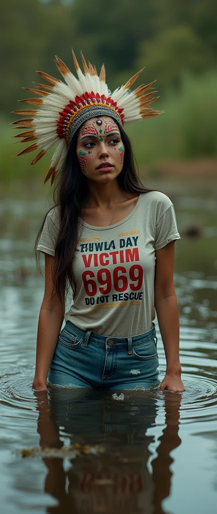 extremely detailed woman in jeans and t-shirt with tag "RITUAL DAY VICTIM 6969 DO NOT RESCUE"  is victim of ritual, drowning in bog, in the middle of a bog, sexy photoshoot posing, wearing a beautiful headdress and traditional indigenous makeup. red, green, blue