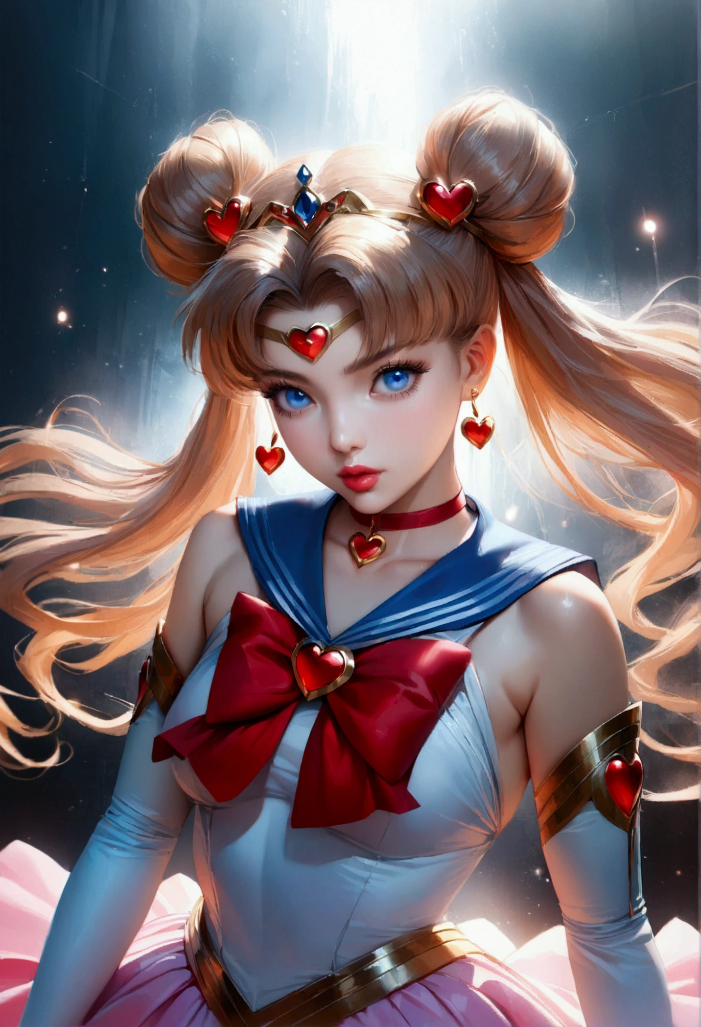 1girl, sailor moon, bishoujo senshi sailor moon, elegant detailed eyes, detailed facial features, long eyelashes, beautiful detailed lips, elegant detailed pose, highly detailed, masterpiece, 4k, hyper realistic, photorealistic, cinematic lighting, dynamic composition, intricate details, vibrant colors, soft dreamy atmosphere, magical girl fantasy, upper body shot, aausagi, long hair, double bun, twintails, hair ornament, parted bangs, tiara, earrings, blue eyes, heart choker, blue sailor collar, red bow, white shirt, see-through, elbow gloves, white gloves, multicolored skirt, white skirt