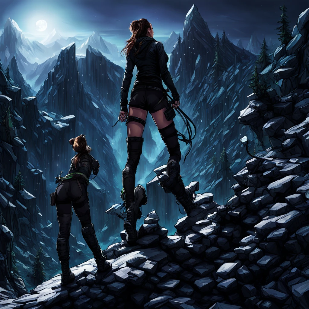 Generate Lara Croft climbing a gigantic,treacherous,steep cliff with snow from the side angle,full of life and danger at night in a Nordic mythology style landscape in an highly detailed digital art style.add a real sense of vertigo for the depth.add green Aurora borealis with a tint of purple, add white crop top,midriff hoodie, really short and black and shiny booty shorts and black military boots. add textures and a lot details. add forest, a huge mountains and lake in the background. make it very colorful in a way that inspire winter season and the Nordic mythology.