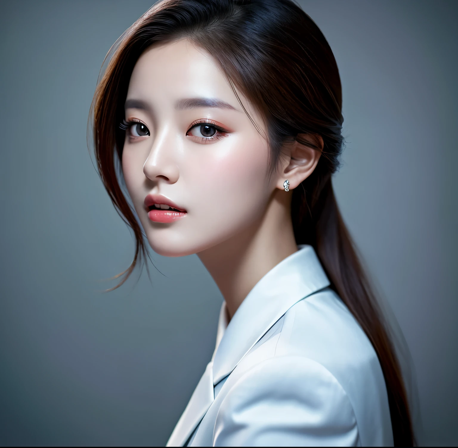 Close up portrait of woman in blue suit and white shirt, Elegant digital art, High-quality portraits, Shiny digital painting, Digital Art Images, Beautiful digital art, Elegant digital painting, Portraits of Korean female idols, Beautiful digital painting, Realistic cute girl drawing, high quality digital painting, TWICE's Tzuyu, Professional Profile Photo, Korean Girls