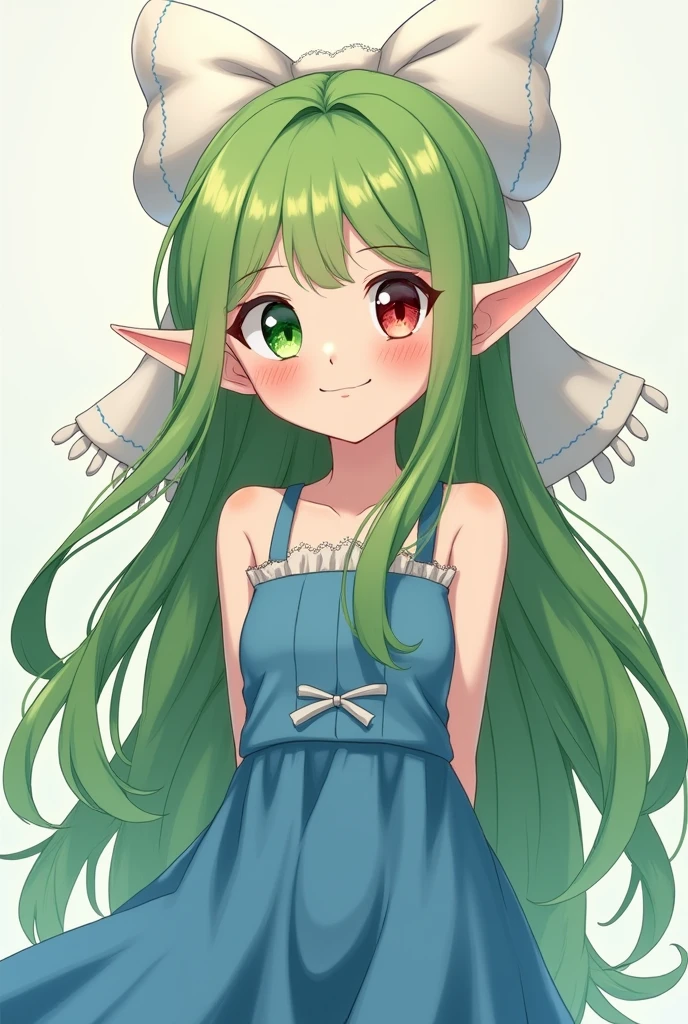 teenager, anime style, White skin, pale, super long green hair, fringe, Elf&#39;s ears, happy, white headband, scar right eye, left eye red, green right eye, Blue dress, big white bow behind the head, Whole body, hands behind the back, smiling