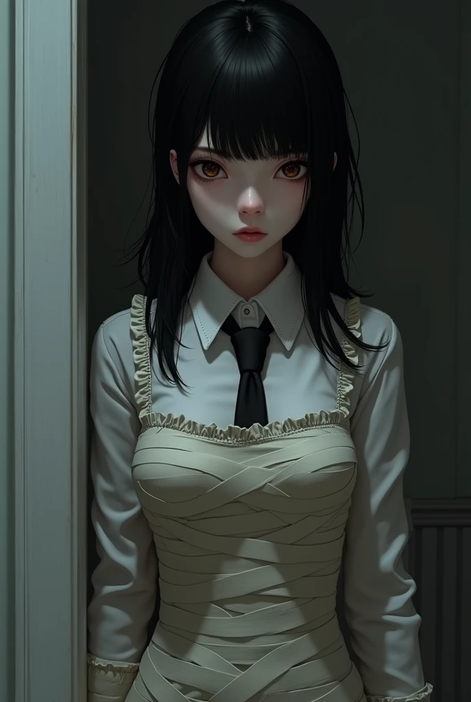 ((masterpiece, best quality)), (1 Girl), (Solitary), (Women's Focus), night (Chainsaw Man),(Very rich facial details, Real images, Realistic white skin, Realistic body, Intricate details), Upper Body, Serious , Brown eyes, Looking at the audience, bandage over the body, Black Hair, Long-sleeved shirt, Apron Dress, Black tie, bandage, bandage, Small Breasts
