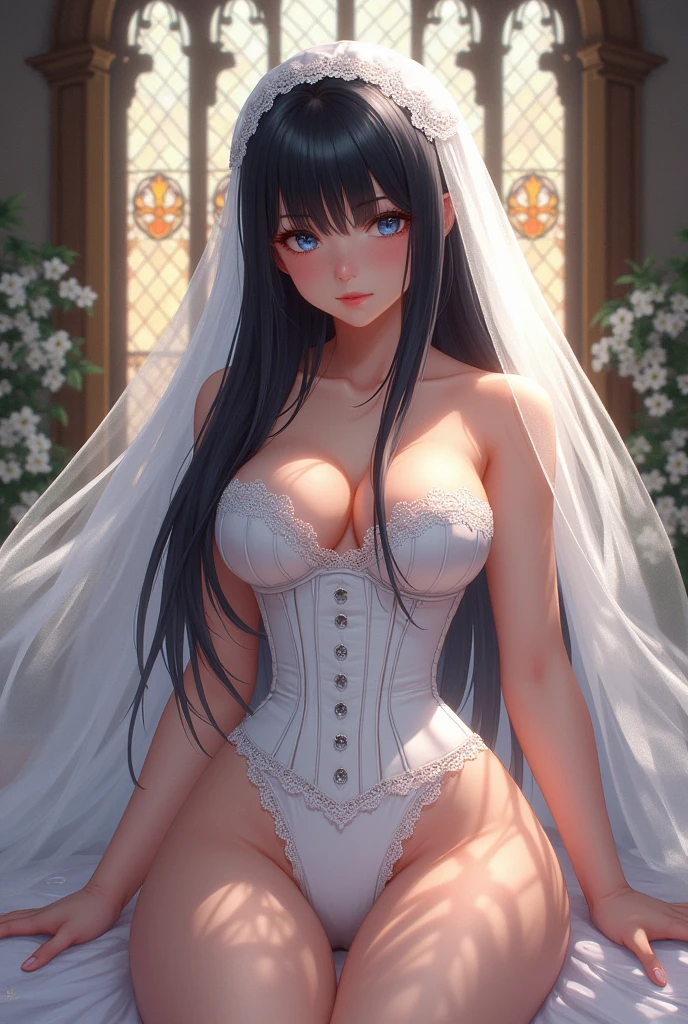 masterpiece, super fine illustration, best quality, light particles, ultra-detailed, 8K wallpaper, (bright colors:1.2), solo, (a girl), medium breasts, (black long hair:1.2), straight hair, shiny hair, shiny skin, delicate line tailed face, (wedding veil, white corset, white lace legwear, nipple, white wedding grove, church, many stained glass window:1.3), orgasm face, extremely beautiful blue eyes, shiny eyes, closed eyes, arched back, orgasm face, O-face, blush cheeks, arched back, (vaginal penis), (a man), hetero, (lying), under boob, (girl spread legs:1.4), (intense Sex:1.7), (cum out:1.2), nsfw,