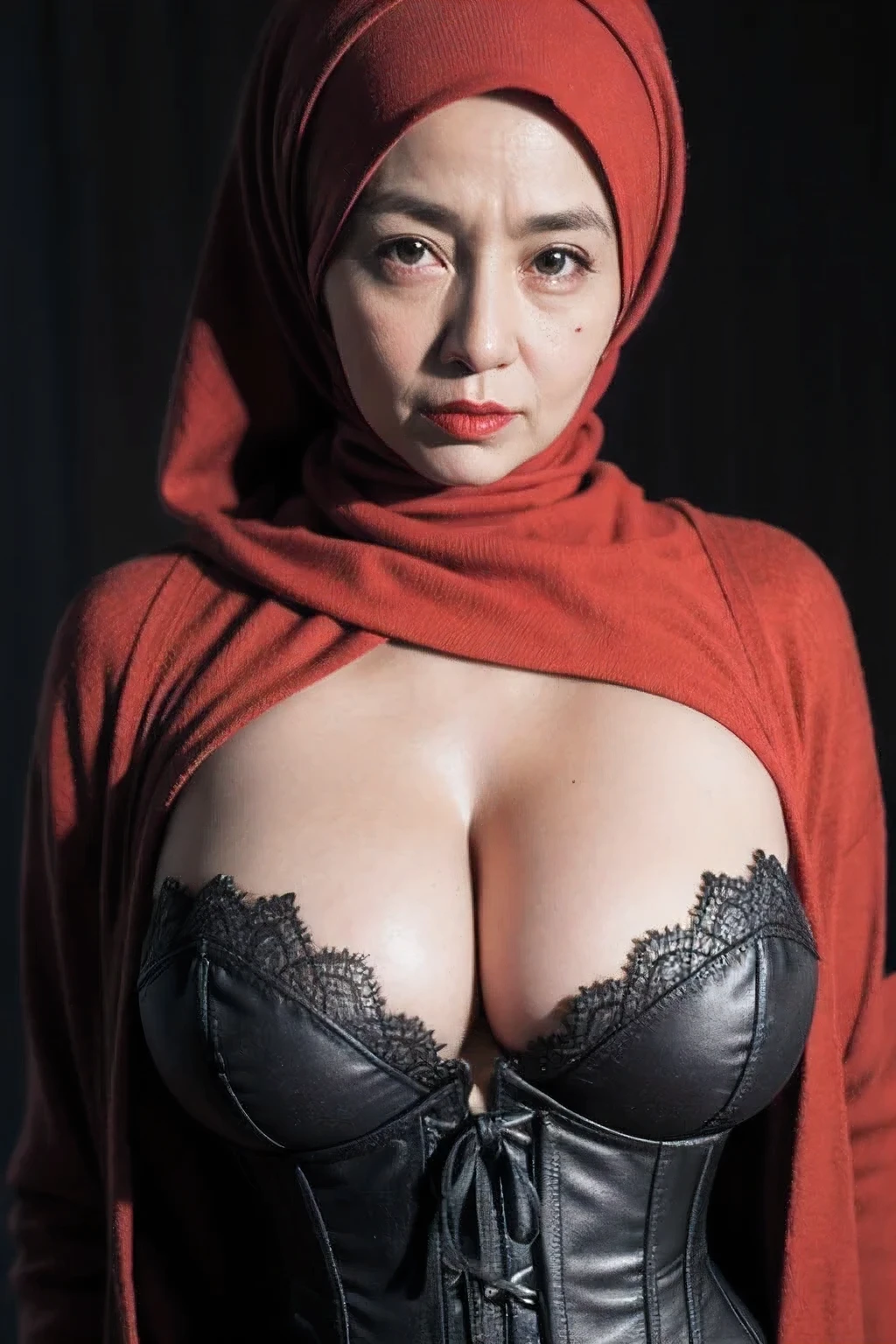 (Corset), ((Red Lips)), Coats Medium body portrait, ((Hijab Stylish)), HALIMAH'S MOTHER IS 85 YEARS OLD HER BODY IS VERY FAT & NUDE AT A DARK NIGHT PLACE, Ultra High Res. realistic: 1.4, UHD, lace , very flat chest, half body portrait , skinny my body, (old lady:1.4), ((bigger:2.5))