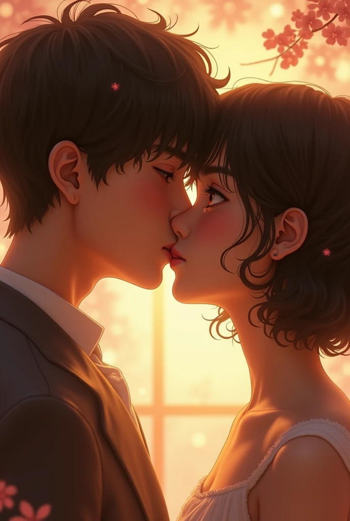Create an image of a age girl with short brown curly hair and amber eyes, with BTS's Taehyung kissing