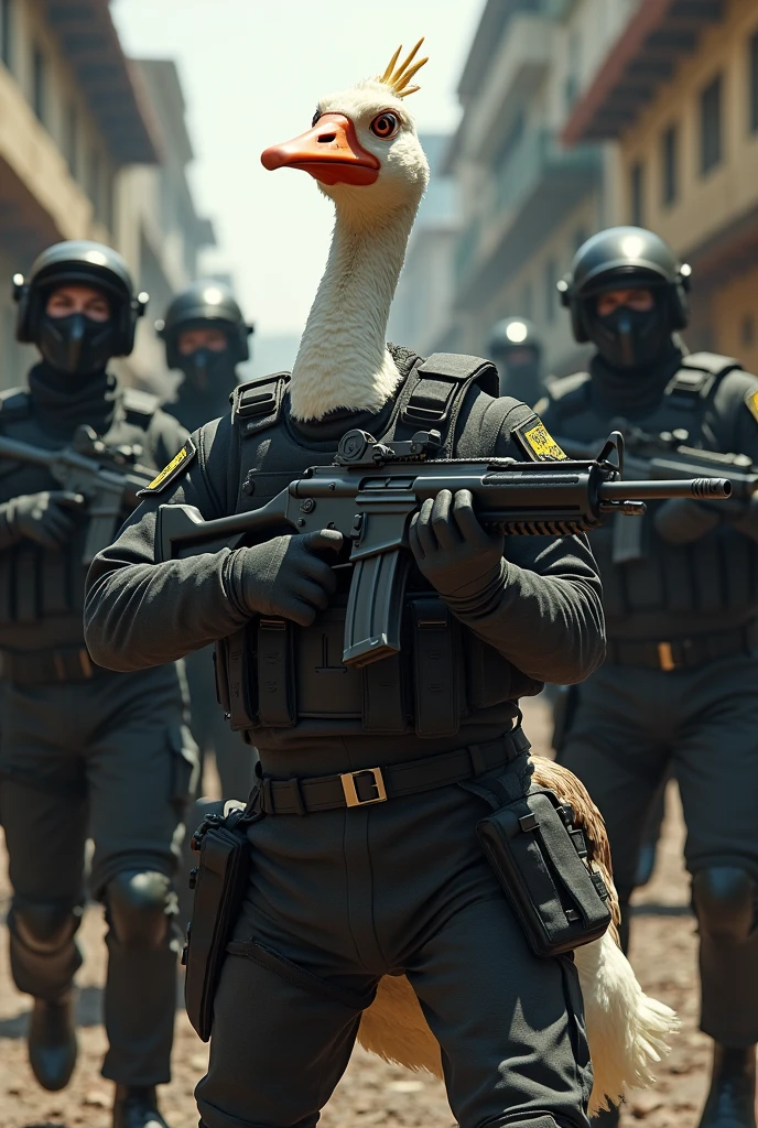 Draw a goose with an angry face, wearing a black uniform and bulletproof vest and holding a 7-gauge rifle.62 next to four police officers wearing black clothes and bulletproof vests in a favela in Rio de Janeiro. All of them without helmets