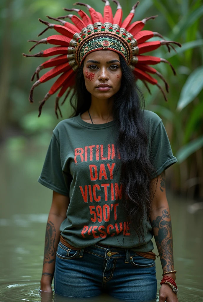 extremely detailed woman in jeans and t-shirt with tag "RITUAL DAY VICTIM 6969 DO NOT RESCUE"  is victim of ritual, drowning in bog, in the middle of a bog, sexy photoshoot posing, wearing a beautiful headdress and traditional indigenous makeup. red, green, blue