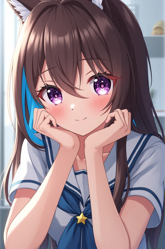 Anime girl with brown hair and blue streak Blushing 
