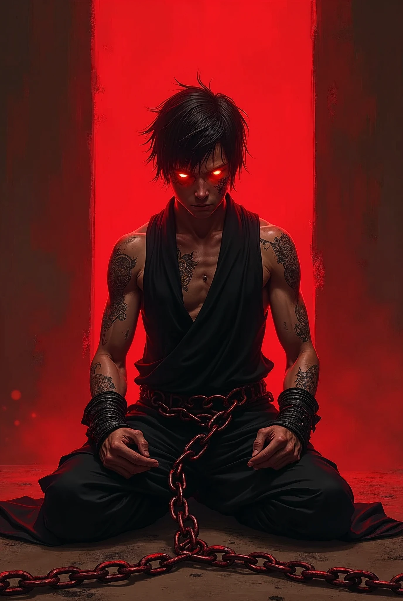 1 boy, meditating, monk, chained to the ground, cuffs, shackles on neck and limbs, red background, red eyes, glowing eyes, anger, defiant pose, looking at viewer, looking down, simple background, ultra-detailed, long sleeveless black suit, muscular, tough, damaged, wounds, kneeling, black and red theme, black and red theme, red hot chains, tattoos,