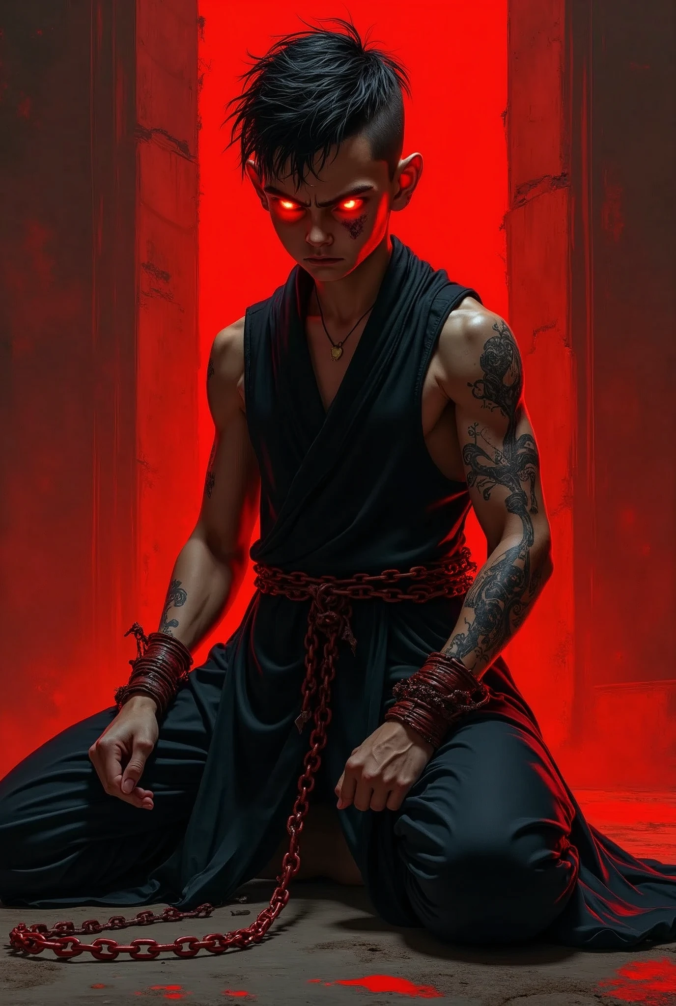 1 boy, meditating, monk, chained to the ground, cuffs, shackles on neck and limbs, red background, red eyes, glowing eyes, anger, defiant pose, looking at viewer, looking down, simple background, ultra-detailed, long sleeveless black suit, muscular, tough, damaged, wounds, kneeling, black and red theme, black and red theme, red hot chains, tattoos,