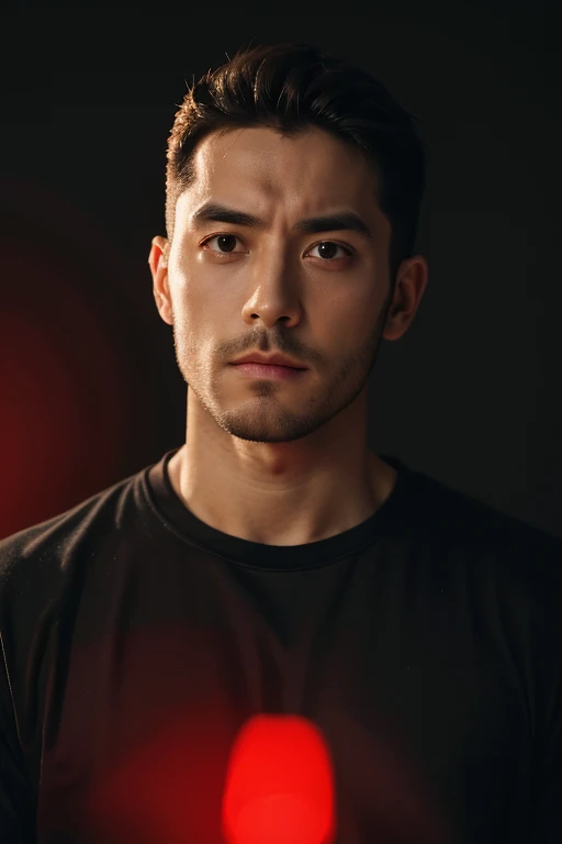 Man of European descent wearing a black shirt, his facial expression contemplative, lit with a red light against a dark background.