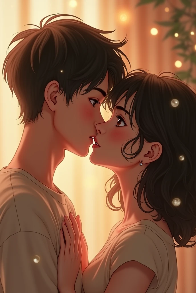 Create an image of a teenage girl with short shoulder-length brown curly hair and amber eyes, with BTS's Taehyung kissing