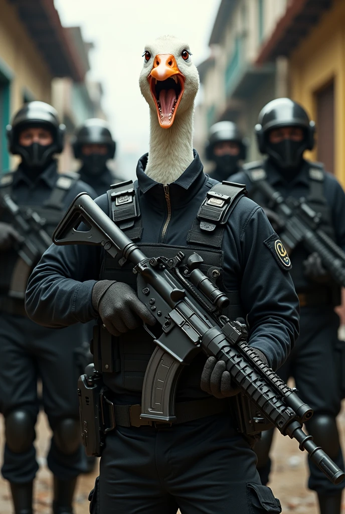 Draw a goose with an angry face, wearing a black uniform and bulletproof vest and holding a g3 rifle next to four police officers wearing black clothes and bulletproof vests in a favela in rio de janeiro. All of them without helmets