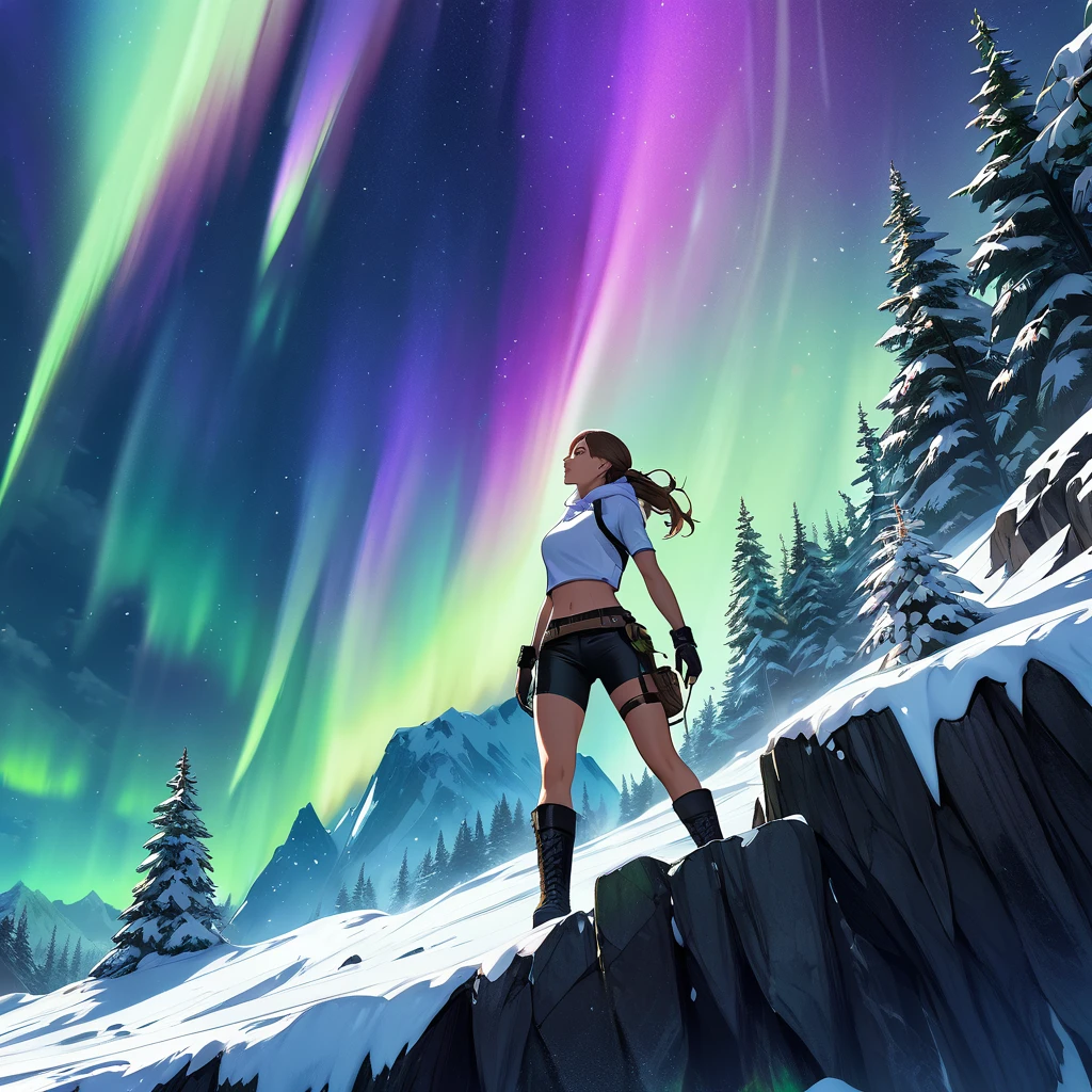 Generate Lara Croft climbing a gigantic,treacherous,steep cliff with snow from the side angle,full of life and danger at night in a Nordic mythology style landscape in an highly detailed digital art style.add a real sense of vertigo for the depth.add green Aurora borealis with a tint of purple, add white crop top,midriff hoodie, really short and black and shiny booty shorts and black military boots. add textures and a lot details. add forest, a huge mountains and lake in the background. make it very colorful in a way that inspire winter season and the Nordic mythology.