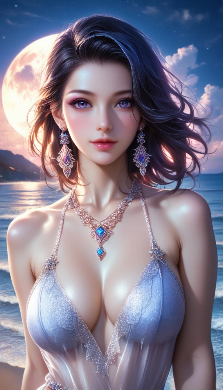 score_9, score_8_superior, score_7_superior, A masterpiece in 32K resolution,Highest quality,it is really amazing,Very detailed,Ultra-high resolution,Ultra-realistic,Realistic,Increased depth of field,Cinematic lighting,
y Japanese Adult Women,
black straight medium hair,Ultra-detailed and beautiful face,Gentle expression,Translucent white skin,Realistic skin texture,
Elegant swimwear,
Bold design,Artistic design,Beautiful and detailed pattern,Detailed fabric texture,
Gorgeous necklace,Earrings,
Coastline at night,Giant Moon,Dark clouds floating in the dark night sky,
Cinematic Angle,