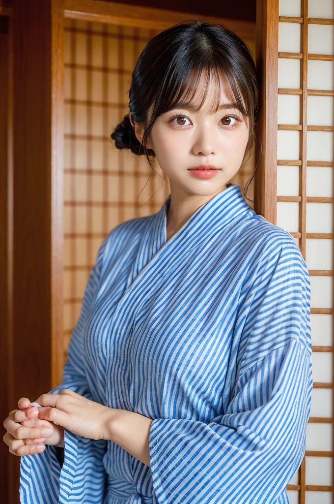 (natta:1.7), East Asian Architecture, 1womanl,Sitting on tatami mats, brunette color hair，（hair between eye）, Lip flap, ,Beautiful fingers,Beautiful long legs,Beauty Body，Cute nose，Beautiful character design，perfect  eyes，face perfect，looking at viewert，（Innocent_Big_Eyes：1.0），（light_Smile：0.3），offcial art，Very detailed CG Unity 8K wallpaper，Perfect litthing，highly colorful，Bright_front_Face_Lighting，（tmasterpiece:1.0),(best_quality:1.0), 超A high resolution,4K,ultra - detailed, photography of, 8K, nffsw, hight resolution, absurderes:1.2, Kodak Portra 400, film grains, the background is blurred, Bokeh:1.2, Lens Flare Glow, ( Vibrant_Color:1.2) (Beautiful,Large_breasts:1.4), (Beautiful_Face:1.5),(narrow_waist-up),8K,Raw photo, 、Relax at a ryokan in Japan、The background is the open-air bath at night at a hot spring inn (Girls are not subjects:1.3) (Hair after a bath:1.3),(Hair is wet:1.3) ((Girls are not subjects:1.2))((Draw a wide night background:1.2),((Yukata with light blue stripes isolated on white background:1.3)),(Yukata does not need gloss at all:1.5)),((No need for a Korean yukata or Korean-style hairstyle.:1.5)),((Faithfully and realistically reproduce a pure Japan yukata:1.5))((Light Pink Band:1.3)),((The background is the entrance living room、At night, Overlooking the inn's large and beautiful gardens..:1.3)),((8th class))、((Light Pink Band:1.5)) ((Beautiful shiny straight short long:1.5)) sixteen years old、((Beautiful shiny straight short long:1.5))((Pink band:1.3))