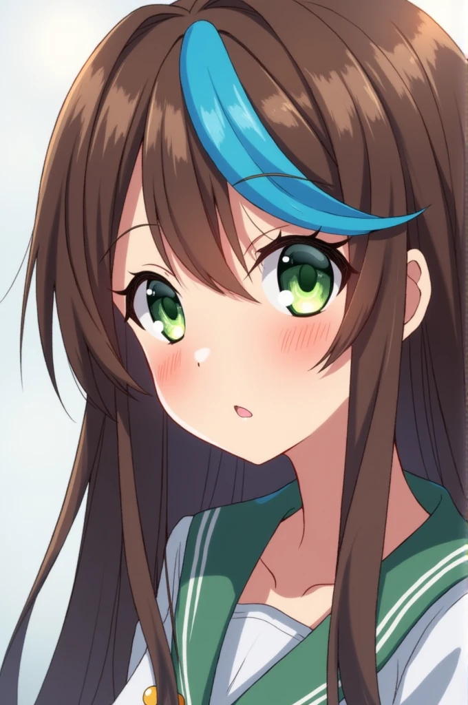 Anime girl with brown hair and blue streak Blushing green eyes