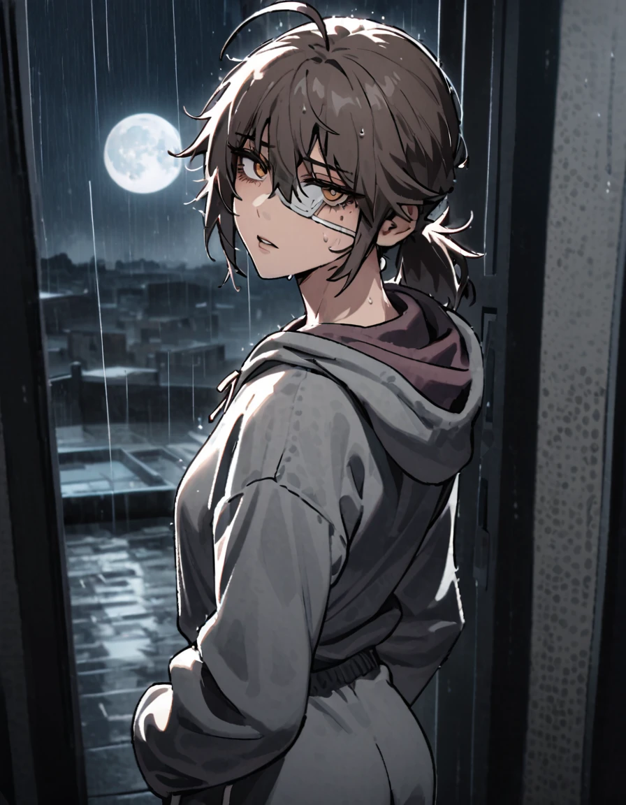 mature, golden eyes, looking at viewer, female, bedroom background, messy hair, light dark short hair, ponytail, parted lips, hair between eyes, ahoge, emotionless, tired eyes, standing, from behind, sweatpants, hoodie, medical eye patch, rainy day, moon, night, dark, hand on waist, comfy clothes