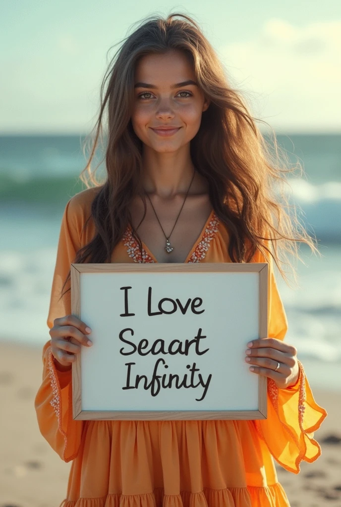 Beautiful girl with wavy long hair, bohemian dress, holding a white board with text "I Love Seaart Infinity" and showing it to the viewer