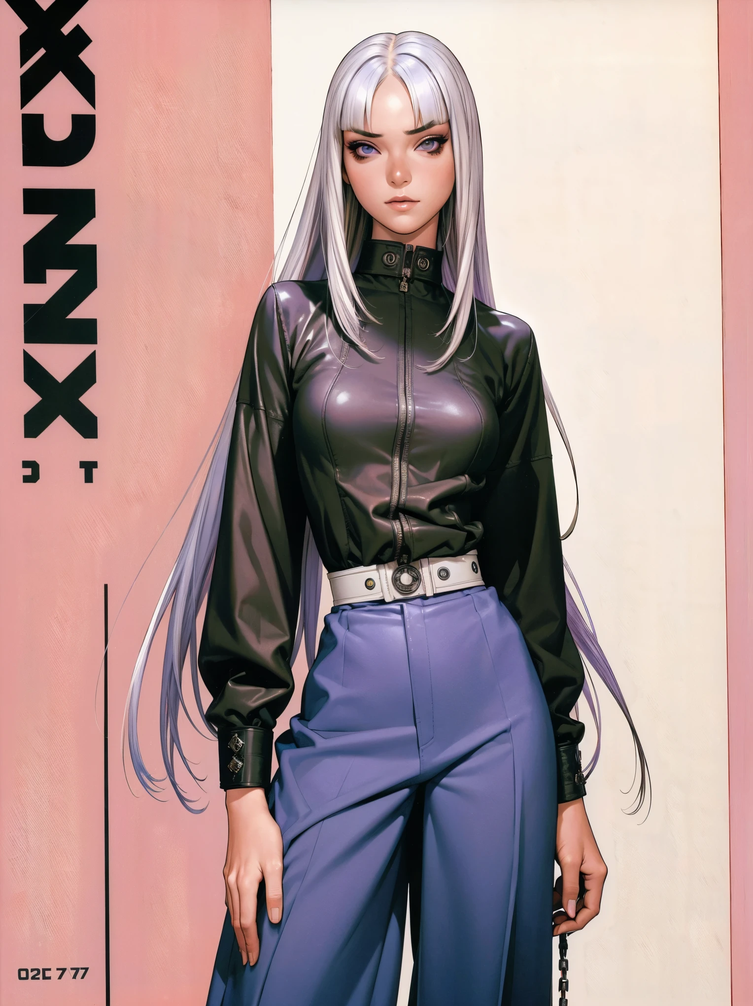 (best qualityer))), (((manga strokes))), (((long white hair with straight bangs and violet highlights))), (((wide pants with 2 side stripes))), uma Kizi jovem muito bem vestida com roupas modernas de inverno, top gift vertical stripes, short jacket with dark fur collar, beautiful and expressive face, slightly-smile, big eyes with long black eyelashes, heavy make-up, chains and zippers spread across clothes, contrasting colours, pose de atitude, hair with a modern and futuristic cut, urban game poster art, dramatic camera angles, graffiti art elements in the background, design mixing contemporary and retro by Shepard Fairey, (((cowboy shot))), (((best qualityer: 1.4))), (Unbeatable masterpiece), (hiper HD),(CG 8k hyper-realistic), Kizi, (((standing alone))), pirralha violent, (((14歳))), sexly, pose de atitude, work of art, post-apocalypse, (((manga style))), bounty hunter, violent, Manic, the way you want, slenderbody, thin but strong, perfectbody, roupa moderna, advanced technology, neon, sleeves with vertical striped pattern, neutral background, (( cowboy shot )). intricate visual