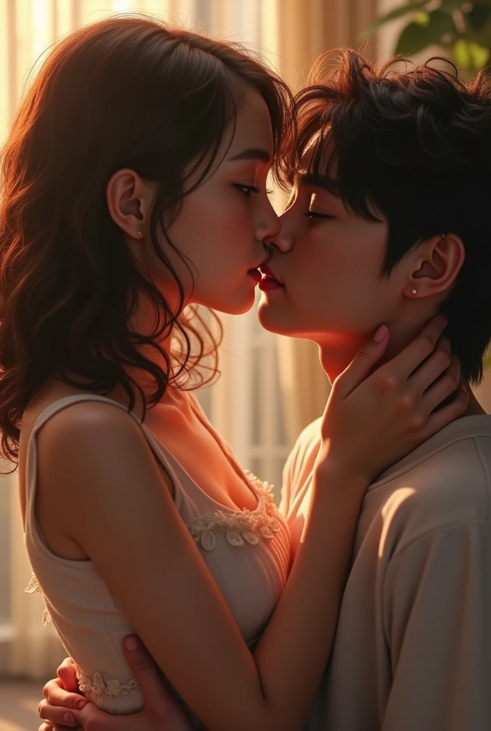 Create an image of a teenage girl with curly hair , short brown shoulder length and amber eyes, with BTS&#39;s Taehyung kissing