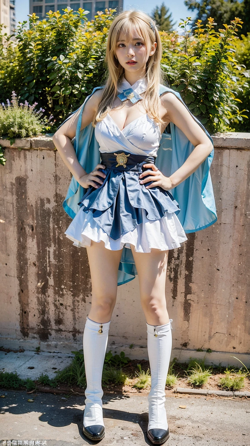 (8k、RAW Photos、Highest quality、masterpiece:1.2)、(Realistic、Realistic)、1 girl、((Blonde、White and light blue、Frills、Cape、mini skirt、Thin legs、whole body、boots、View from the front、Looking into the camera、Stand with hands on hips))、cute