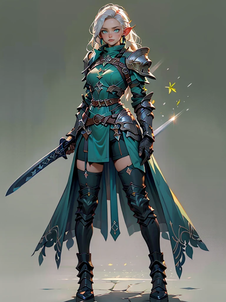 (((Masterpiece, best quality, high detailed, 8k))) Design a layout showcase Gaming character, (1girl). Elf, long silver hair, green eyes (detailed eyes), angelic face, wearing a long flowing jade dress with high side slit, showing midriff, wielding a huge sword, sexy. (masterpiece:1.2), (best quality), ultra-detailed. (Step by step design, layout art:1.5), (luminous lighting, atmospheric lighting). Elf royalty. ((glove full hands)), intricate vambraces, thigh highs, thick thighs, (((full_body_shot:1.4))). The elf stands gracefully amidst dark, dense, ancient, towering trees, their leaves shimmering with a magical glow. The bikini armor, a blend of sleek metal and glowing energy lines, contrasts beautifully with the natural surroundings. Her long silver hair flows softly around her, framing her elegant face with piercing green eyes that radiate wisdom and strength. Huge sword she holds is pulsing with an ethereal green light.（hoang lap，A high resolution，hyper detailled），Black Soul theme, leather，Off-white，ranger，Background of details，Northern Valley，Irithyll，Cold moon，Rule of thirds，boundage，Diablo 4 style，intricate-detail，Diablo color theme，（offcial art，Beauty and aesthetics：1.2），（Dark art，erode,  fractal art：1.3），rich colourful，horryfing，highest details, detailed eyes, (green eyes: 2), white hair with blue tips, blue colored inner hair, long hair, solo, 1girl, slim, small breasts, green flames