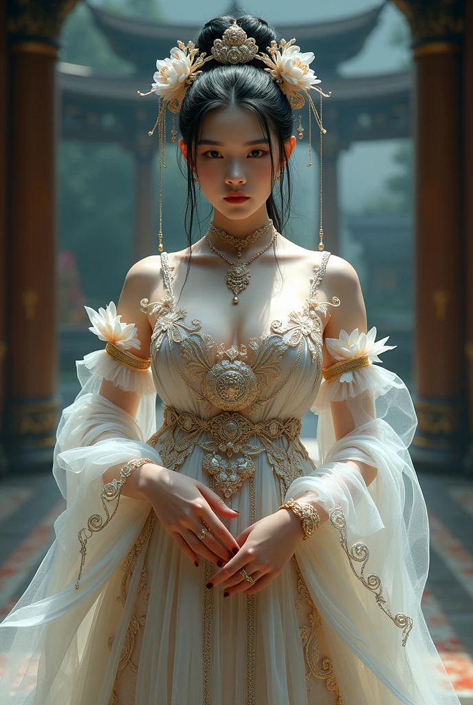 Chinese girl with coins gold , thick body, curvy body, curvy waist, big breast, white skin, gorgeous costumes embroidered with intricate embroidery, exposed breasts, flowing tulle, transparent long colorful ribbons tied on the arms, inspired by cinderella, showing navel, bare shoulders, bare neck, hair in a high bun with flower hairpins, ribbons on arm rings, wreaths, bracelets, anklets, high heels, metal chain tassels on the waist, Mogao Grottoes art, ink painting, cgstation pop, in the night castle, ((fullbody)), ((super realistic))