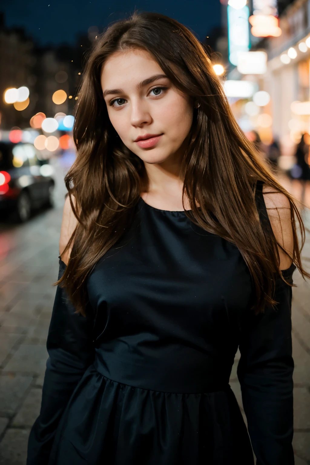Night photo, photo of 24 y.o beautiful woman, brown long hairs, blue eyes, small nose, big lips, black dress, bokeh, face looking flat into the camera, motion blur