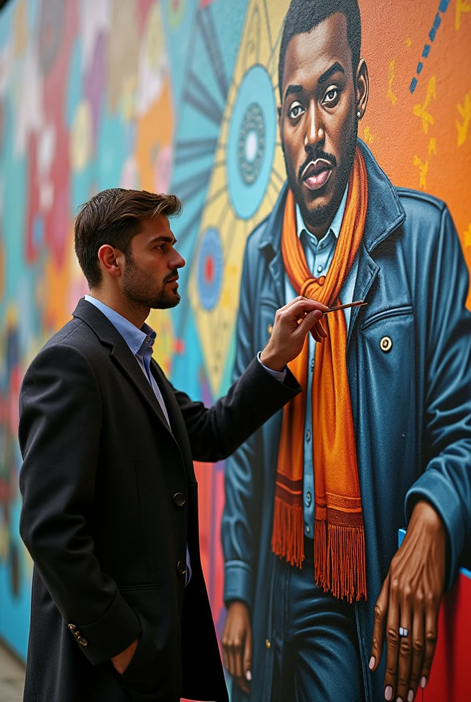 man with coat shirt artist draw mural