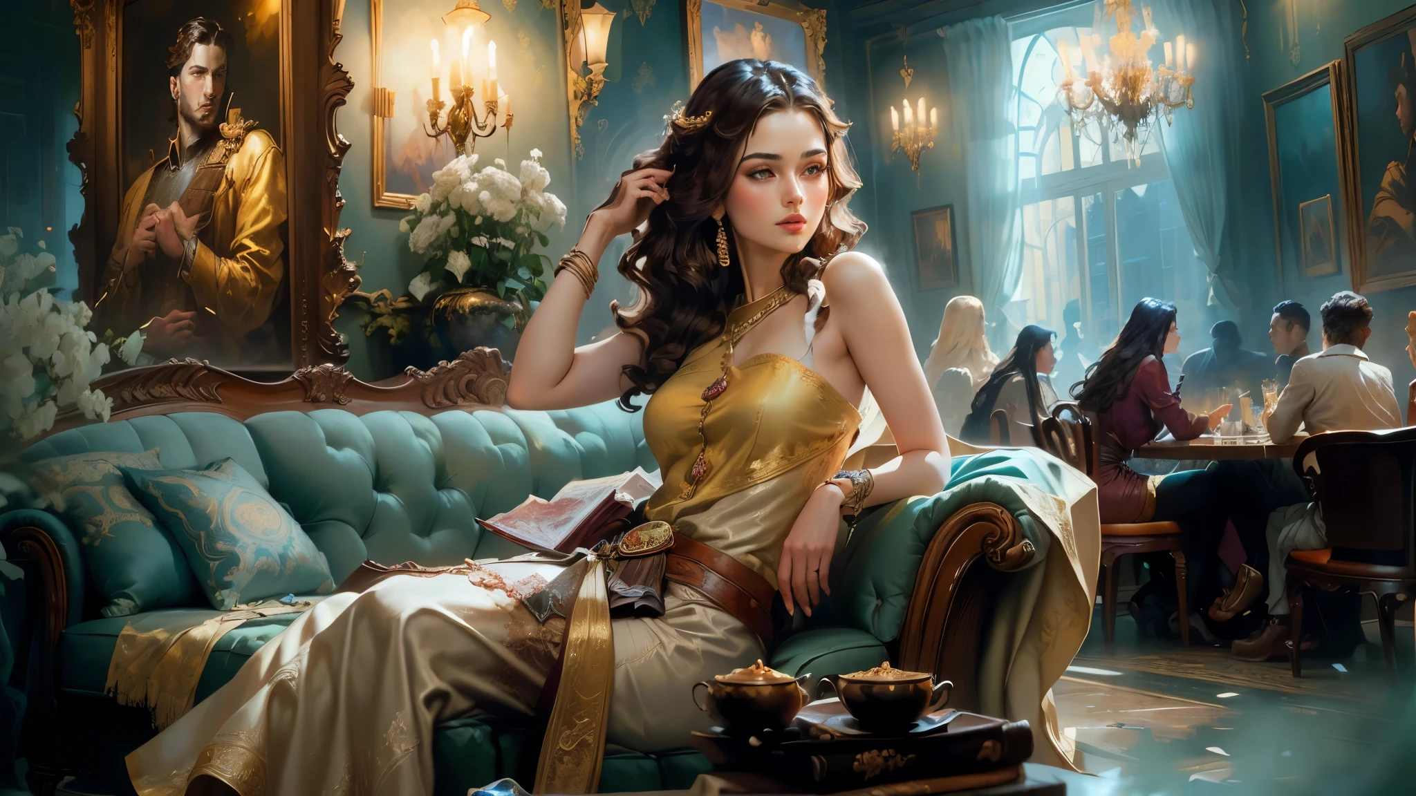 Oil painting of a woman sitting on a couch in a restaurant, thick texture pattern, detail brush strokes, karol bak uhd, james gurney painting style, wadim kashin. ultra realistic, by Marek Okon, style of karol bak, sensual painting, style of raymond swanland, by James Gurney, ( ( konstantin razumov ) ), beautiful art uhd 4 k