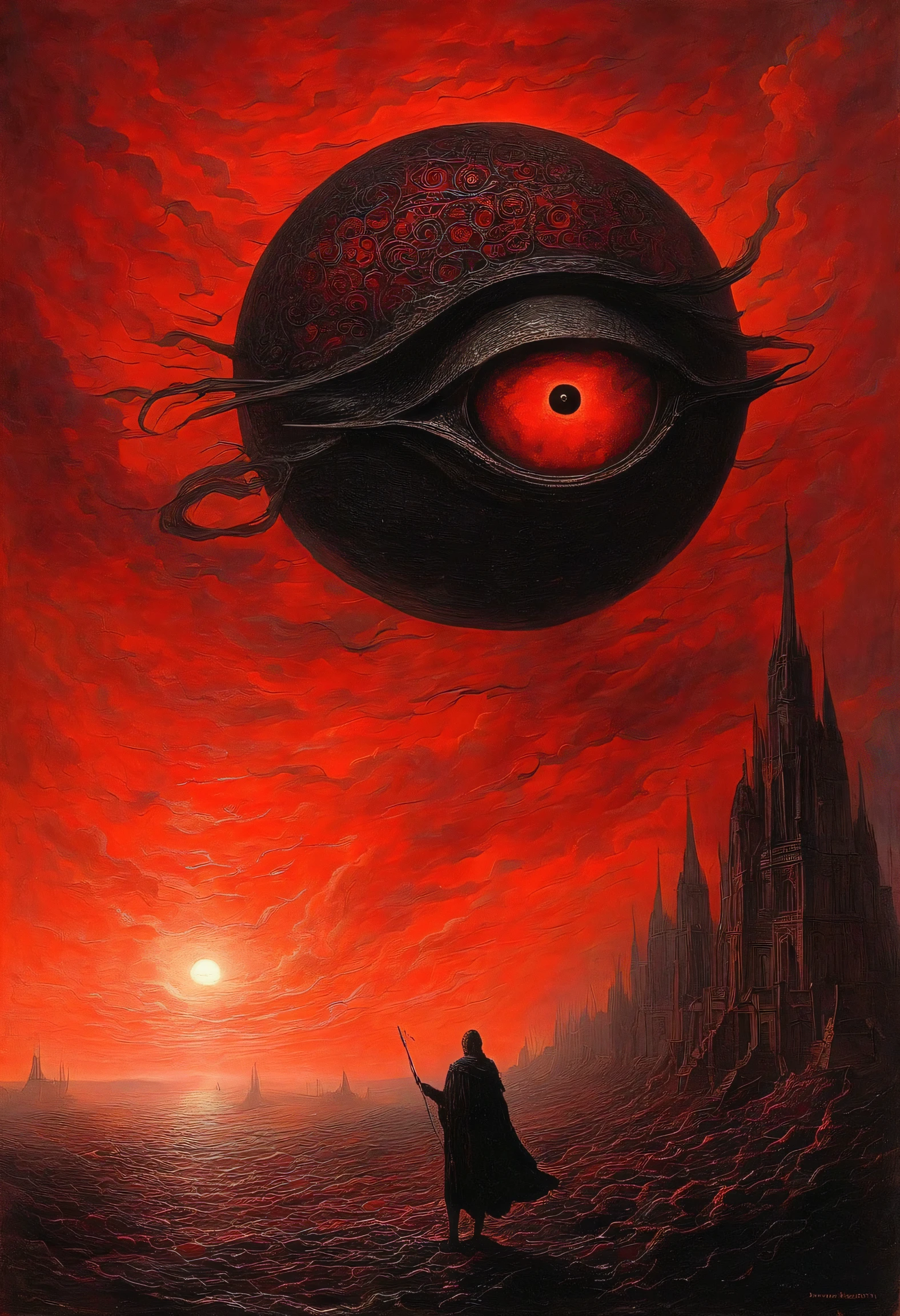 Mythical creatures, author:Zdzislaw Beksiński、Angel、Holy War、Big eye in the sky、Red/Black,Azathoth