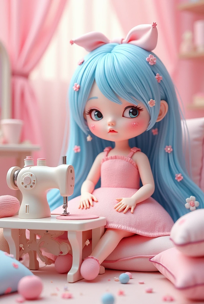 I need a flayer that has a sewing machine, threads, dolls and pillows but , pink and tender backgrounds without a person, the most decorated pillow, that the doll looks bigger the doll, I want doll